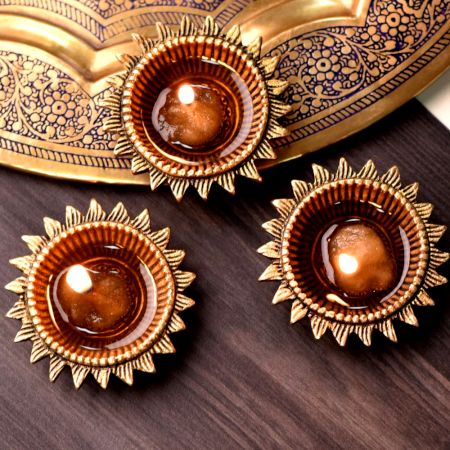Brass Diwali Diya Lamps Round Sun Flower Shaped Deepak Pack of 3